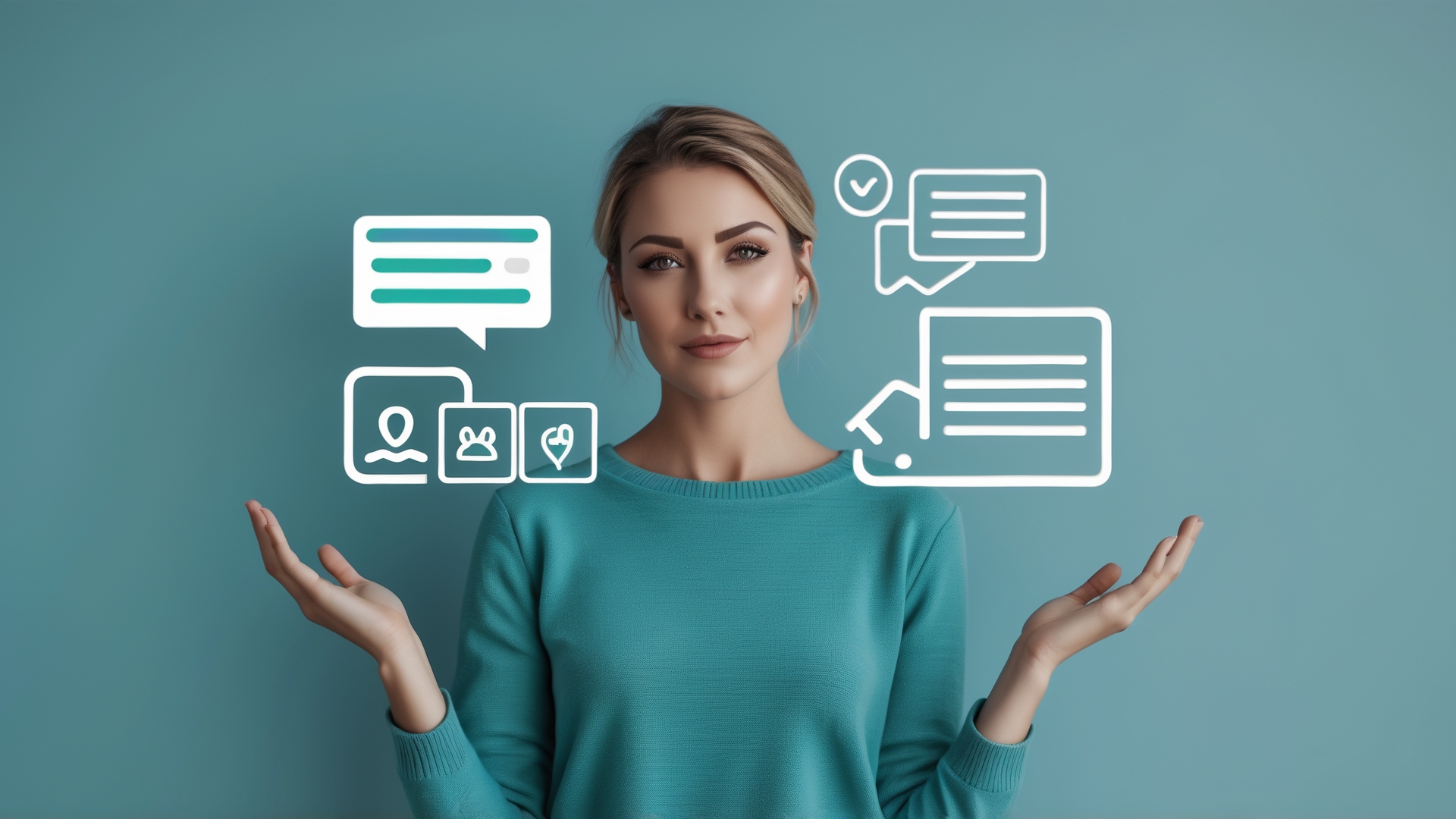 Mulher com suéter azul apresentando ícones de comunicação digital e mensagens em fundo verde, simbolizando interação e conectividade.