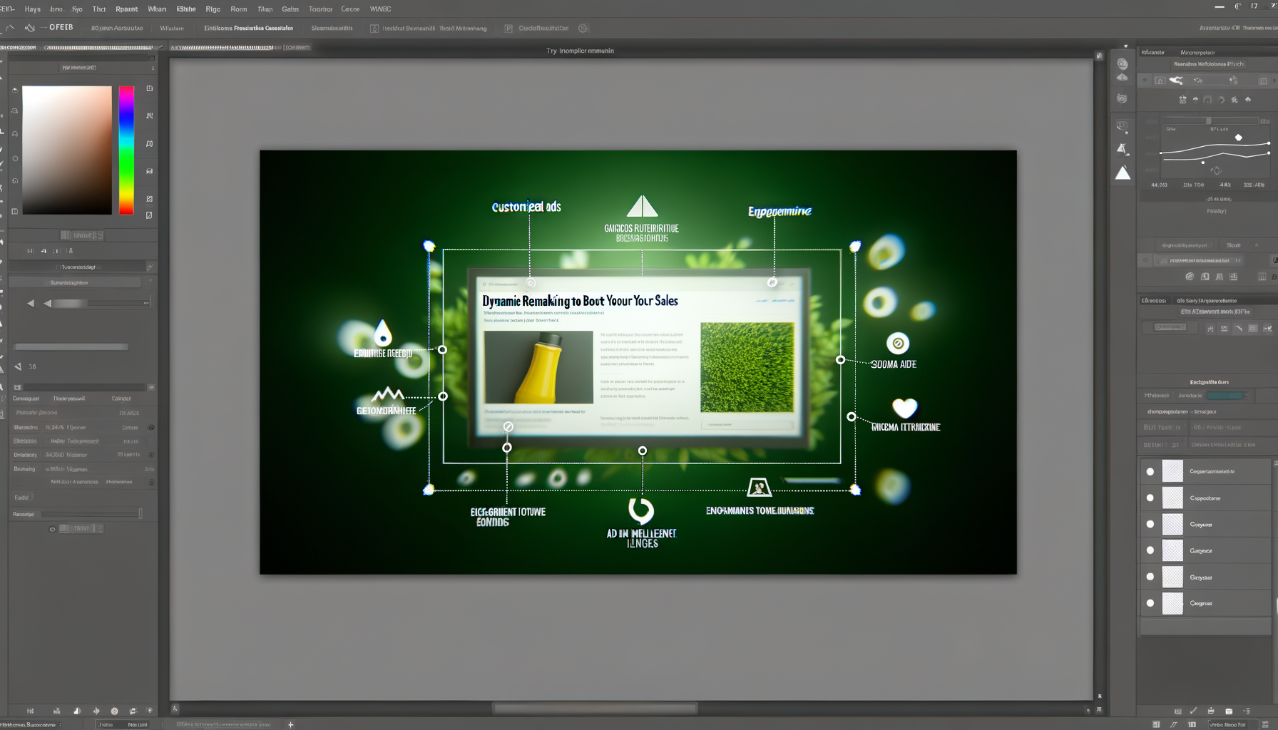 Imagem de uma interface de design gráfico no Photoshop, destacando um layout de página com elementos interativos e informações sobre personalização de anúncios e aumento de vendas. Fundo verde com ícones e texto informativo.