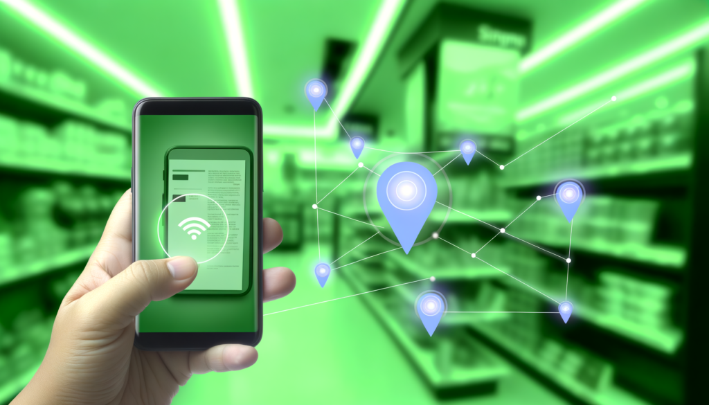 Imagem de um smartphone segurado por uma mão, exibindo um documento digital com ícone de conexão Wi-Fi. Ao fundo, um ambiente de loja iluminado em verde com prateleiras de produtos e marcadores de localização conectados por linhas, simbolizando a integração entre tecnologia e compras.