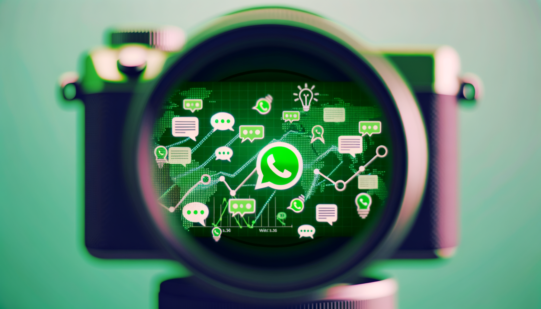 Imagem de uma câmera com lente focada em um gráfico digital que exibe ícones do WhatsApp e elementos de comunicação, representando a interconexão nas redes sociais e o impacto da tecnologia na comunicação moderna.