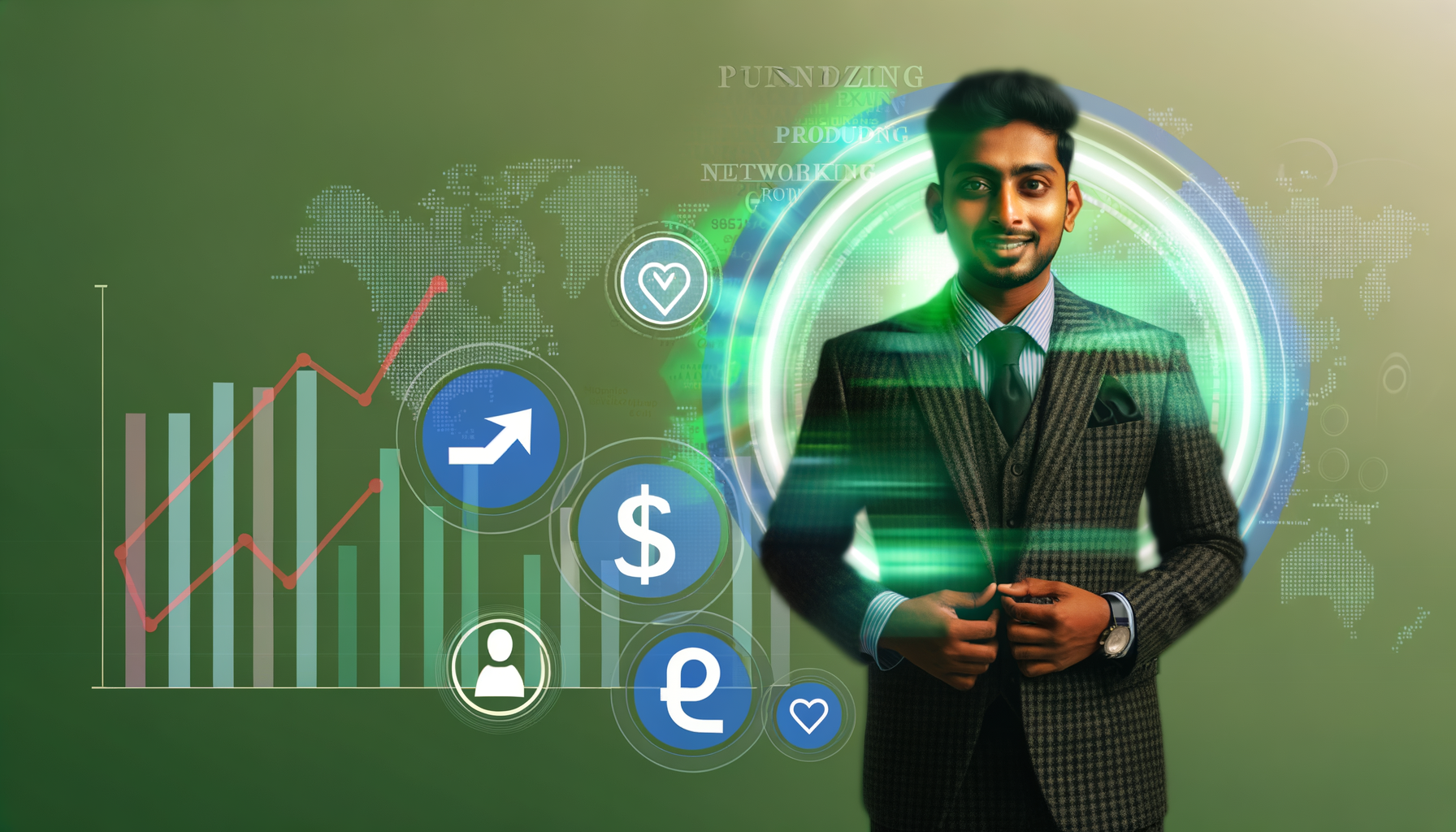 Homem de negócios em terno, sorrindo, com gráficos de crescimento e ícones financeiros ao fundo, simbolizando networking e crescimento empresarial.