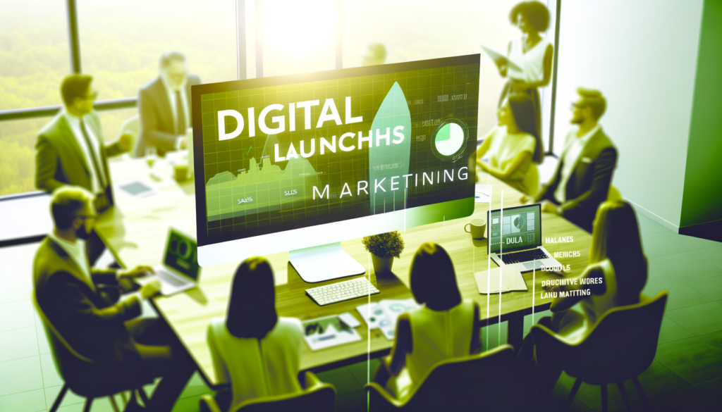 Reunião de marketing digital com uma equipe em um escritório moderno, onde um computador exibe dados de vendas e estratégias de lançamento digital. A sala tem grandes janelas que oferecem vista para a natureza, destacando um ambiente colaborativo e tecnológico.