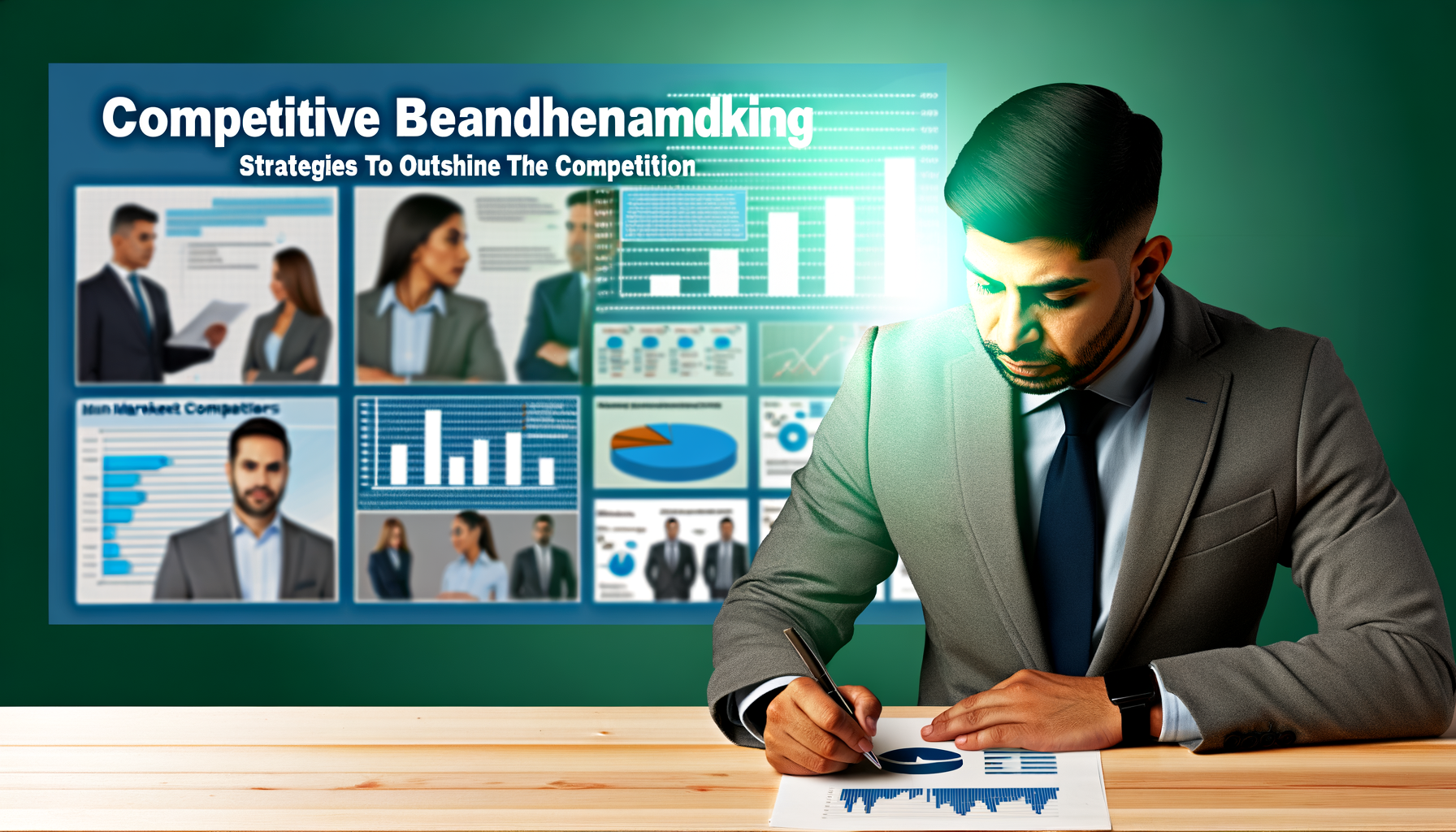 Homem de negócios em um terno cinza, analisando gráficos e dados em um papel, com um fundo que apresenta uma apresentação sobre estratégias de marketing competitivo e concorrência.
