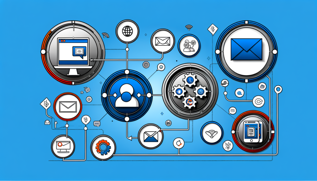 Ilustração digital representando a interconexão de comunicações e tecnologia, com ícones de email, computador, redes sociais e engrenagens sobre um fundo azul.