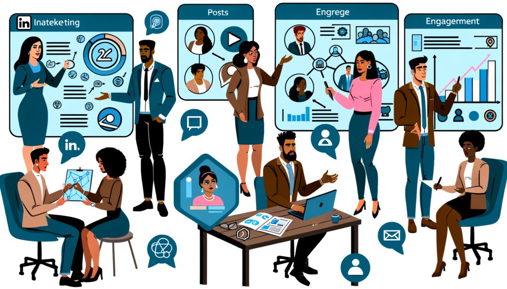 Grupo de profissionais trabalhando em estratégias de marketing digital e engajamento em plataformas sociais, com ênfase em discussões sobre posts, análise de dados e interação com o público. A cena inclui pessoas em diversos papéis, colaborando em um ambiente de escritório moderno.