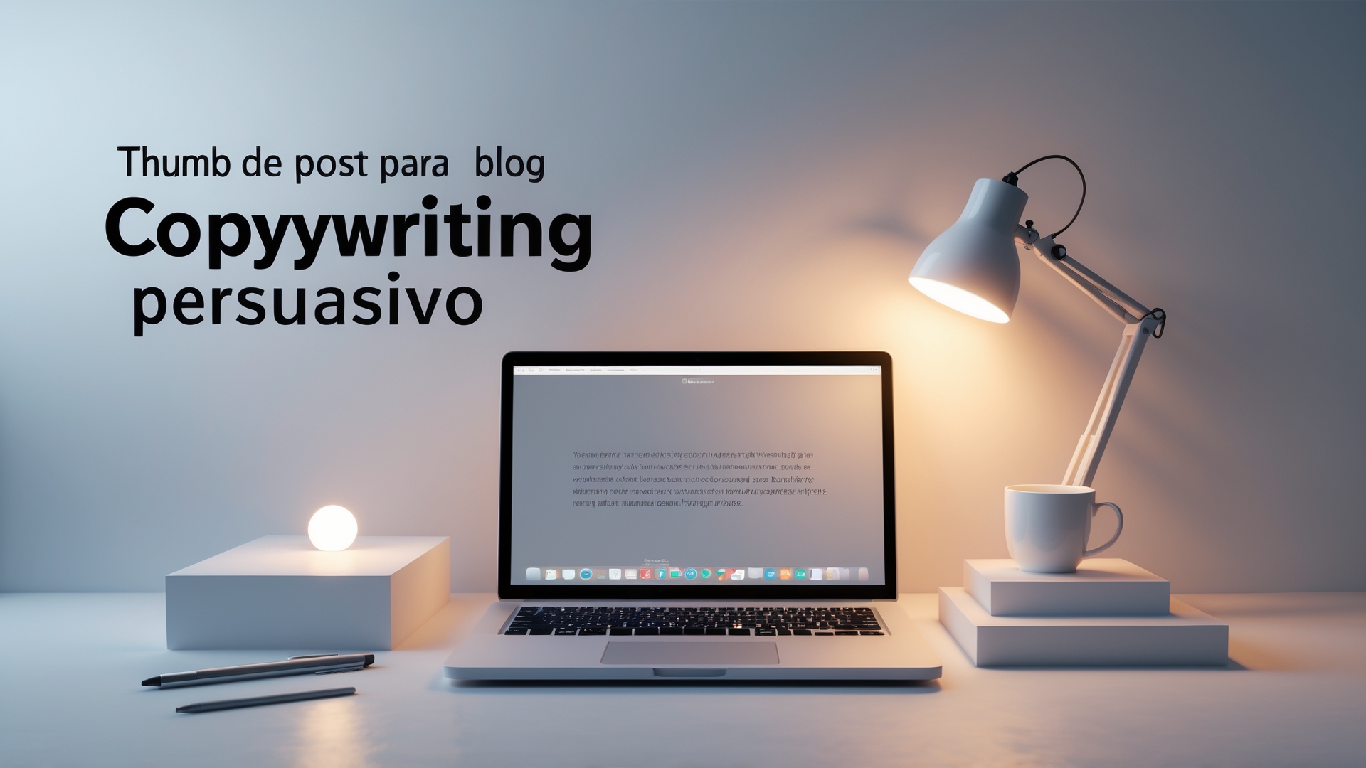 Imagem de um laptop dourado em uma mesa minimalista, com uma lâmpada de mesa iluminando um copo branco e uma esfera decorativa. Texto em destaque diz "Copywriting Persuasivo" e "Thumb de post para blog".
