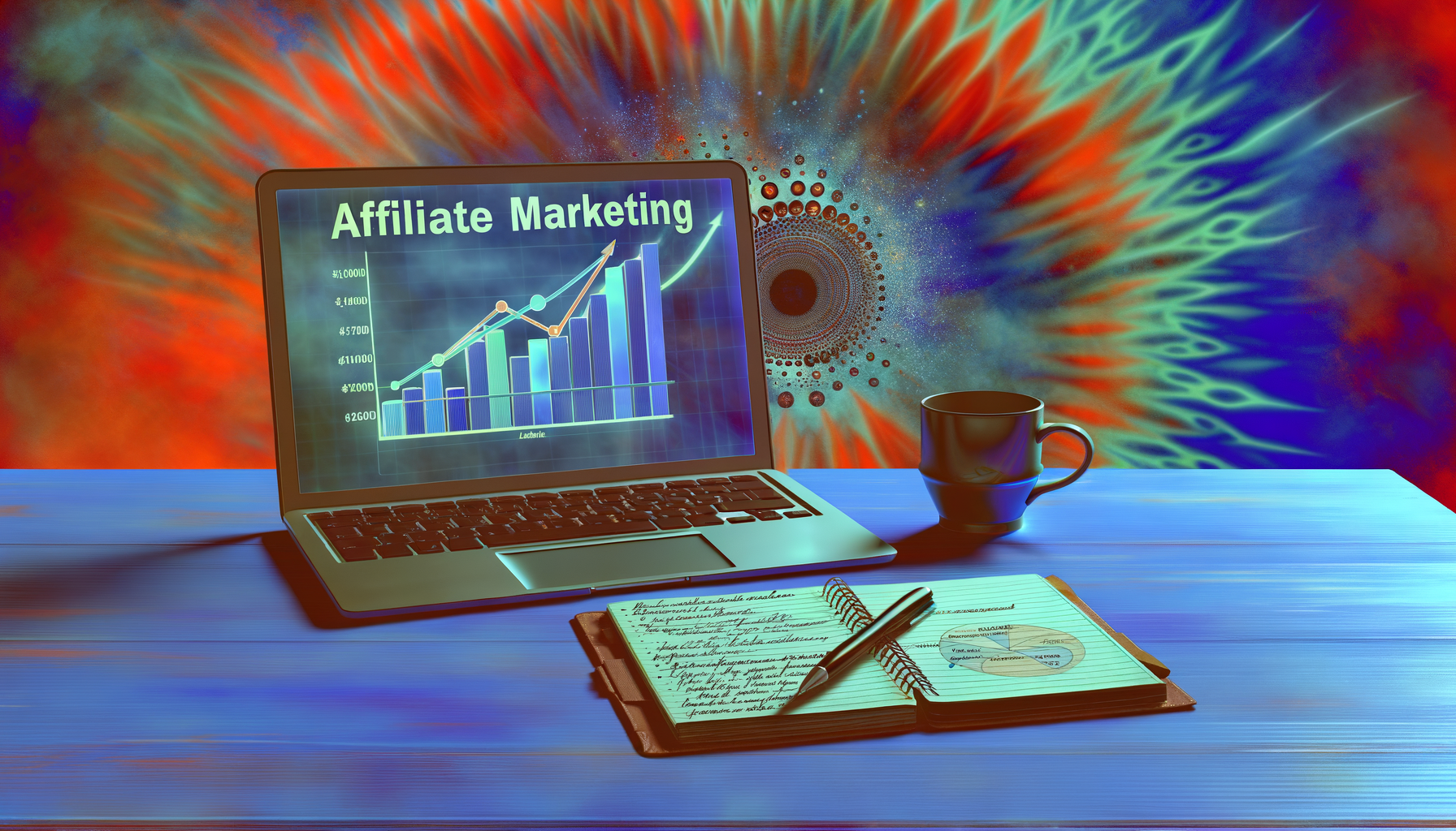 Laptop exibindo gráficos de marketing de afiliados, com um bloco de notas, caneta e uma caneca em uma mesa azul sob um fundo colorido.