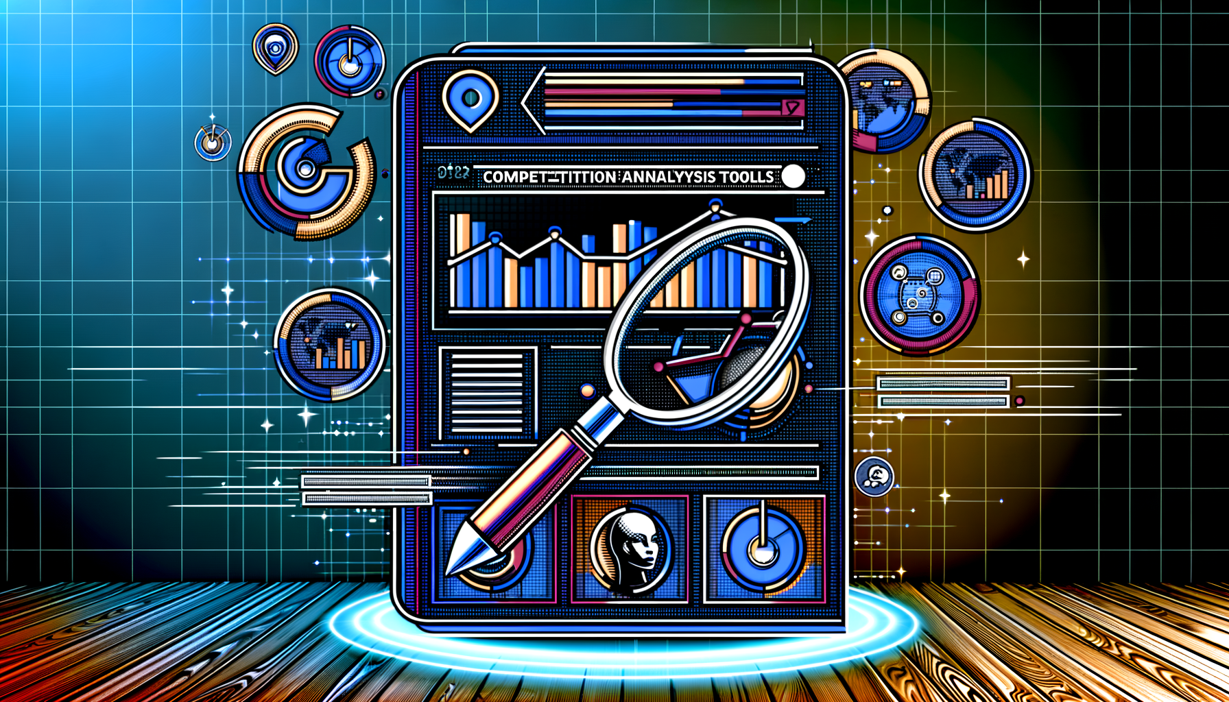 Ilustração de ferramentas de análise de concorrência, com gráficos e ícones representando dados, conectividade e análise, em um fundo digital. Ideal para destacar o uso de estratégias de SEO e marketing digital.