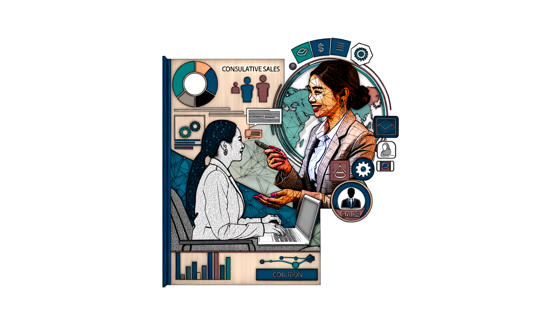 Ilustração representando vendas consultivas, com uma mulher orientando outra em frente a um computador. Gráficos e ícones relacionados a estratégias de vendas e colaboração estão ao fundo.