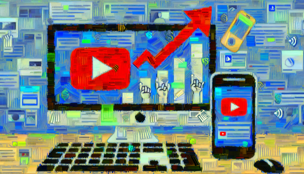 Imagem representando o crescimento do YouTube em dispositivos digitais, com gráficos ascendentes, ícones de redes sociais e um computador e smartphone exibindo o logotipo do YouTube. Ideal para ilustrar estratégias de marketing digital e análise de desempenho.