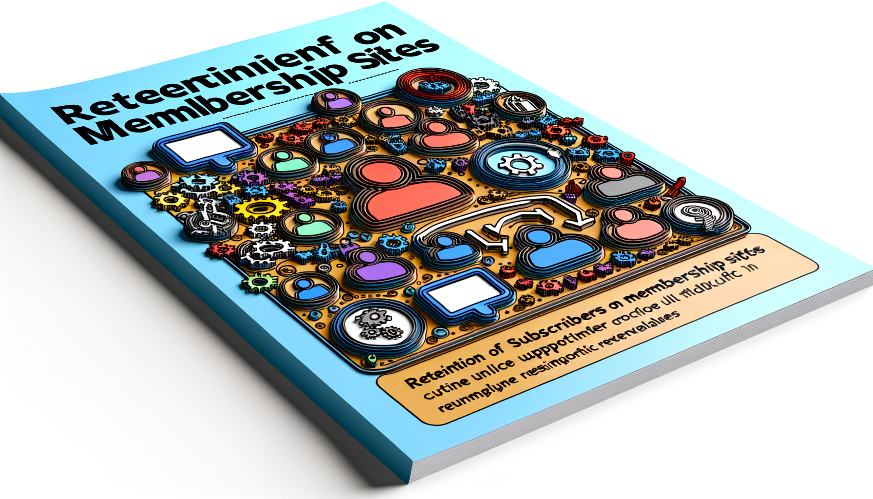 Imagem de uma capa de livro intitulada "Retenção em Sites de Assinatura", com elementos gráficos que representam usuários, engrenagens e ícones de comunicação. O design colorido destaca temas de retenção de assinantes e estratégias para aumentar a interação em plataformas de assinatura. Ideal para profissionais de marketing digital e gestores de comunidades online.