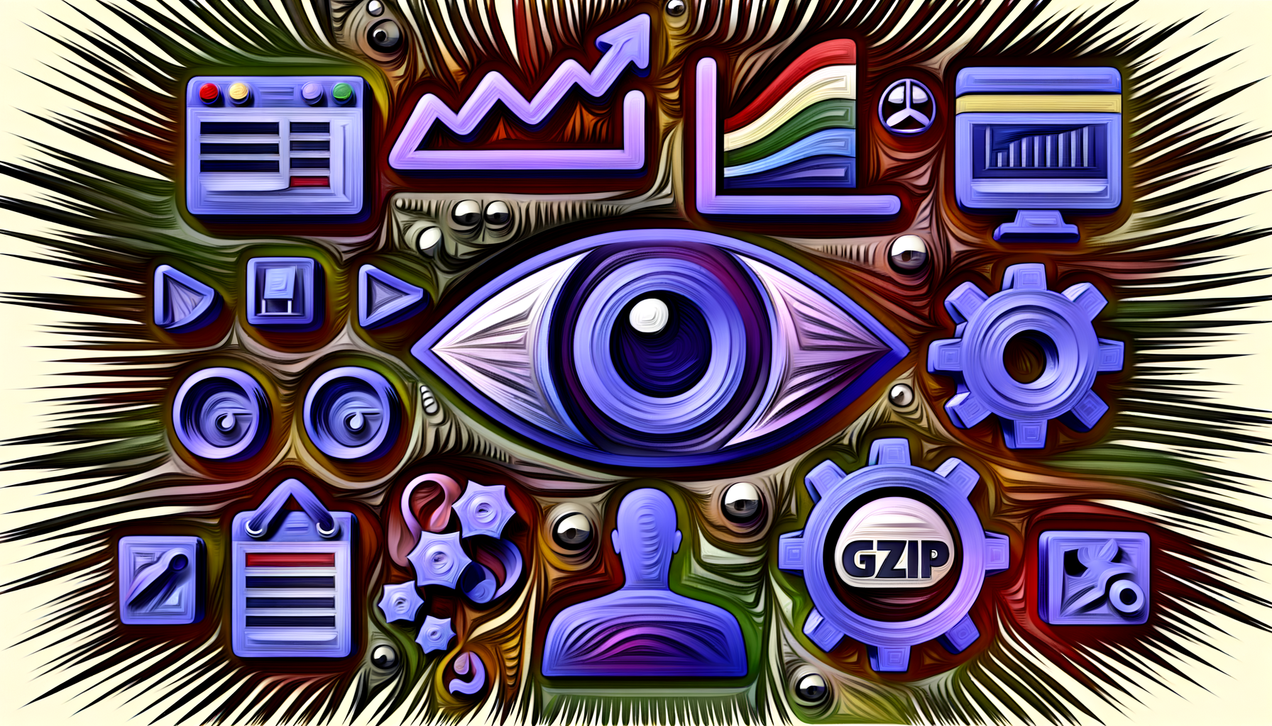 Imagem ilustrativa de ícones digitais, incluindo um olho, gráficos, engrenagens e círculos, representando análise de dados, tecnologia e compressão de arquivos, como GZIP. Ideal para conteúdo sobre ferramentas digitais e visualização de dados.
