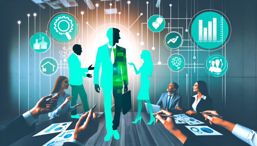 Reunião de negócios com profissionais discutindo estratégias, enquanto gráficos e ícones tecnológicos ilustram análise de dados e crescimento. A composição mostra interações entre homens e mulheres em um ambiente corporativo moderno.