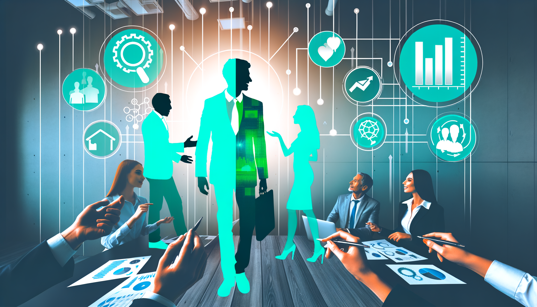 Reunião de negócios com profissionais discutindo estratégias, enquanto gráficos e ícones tecnológicos ilustram análise de dados e crescimento. A composição mostra interações entre homens e mulheres em um ambiente corporativo moderno.