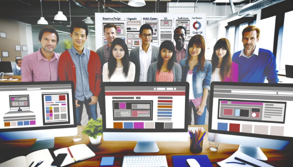 Equipe de design criativa em escritório moderno, com diversos profissionais ao fundo e telas de computador exibindo layouts e interfaces de usuário. O ambiente destaca o trabalho colaborativo em desenvolvimento de sites responsivos e UX.