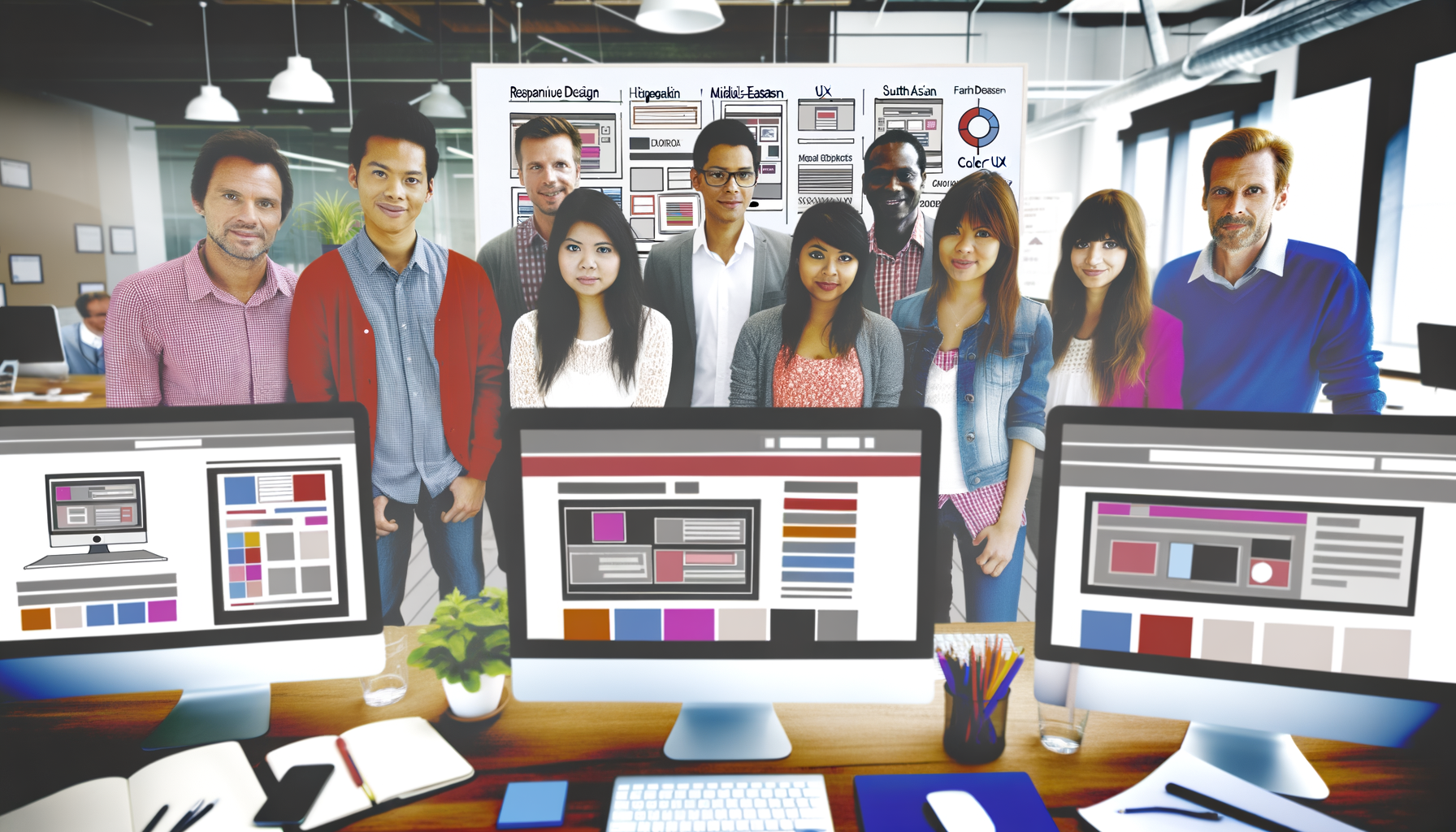 Equipe de design criativa em escritório moderno, com diversos profissionais ao fundo e telas de computador exibindo layouts e interfaces de usuário. O ambiente destaca o trabalho colaborativo em desenvolvimento de sites responsivos e UX.