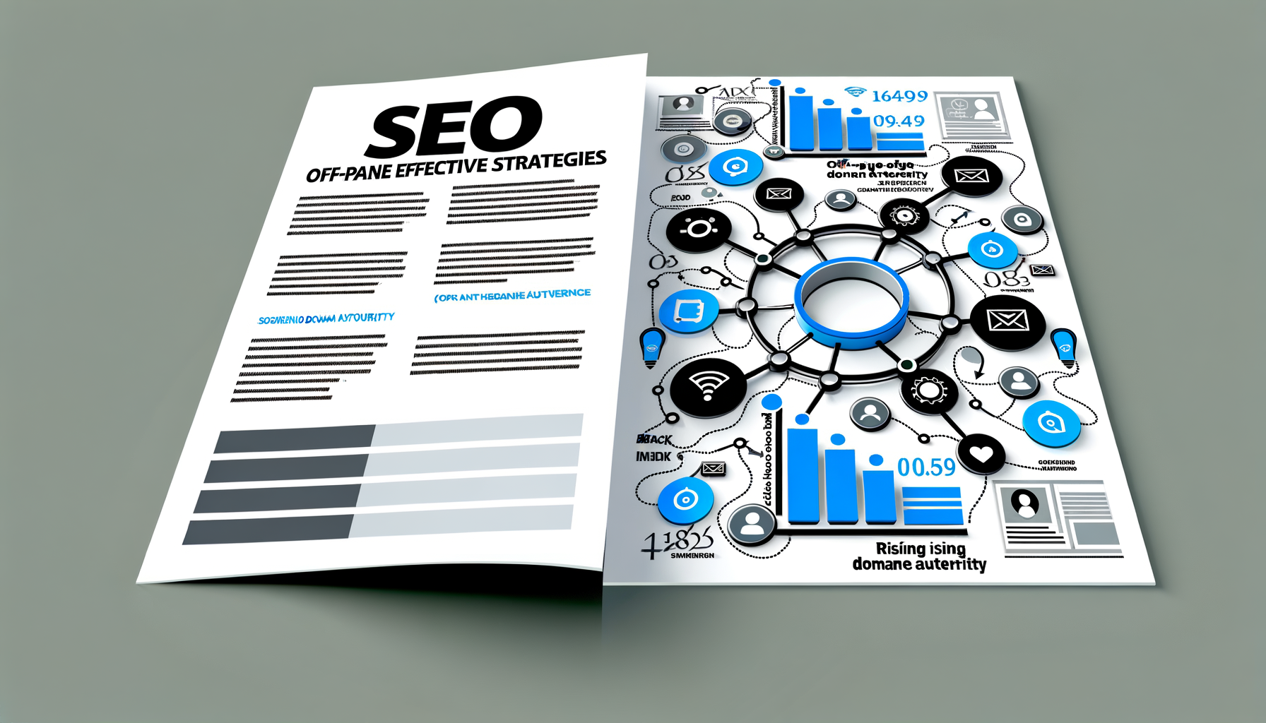 Infográfico sobre estratégias de SEO off-page, com dados relevantes e ícones representando métricas, redes sociais e comunicação digital, em um fundo claro.