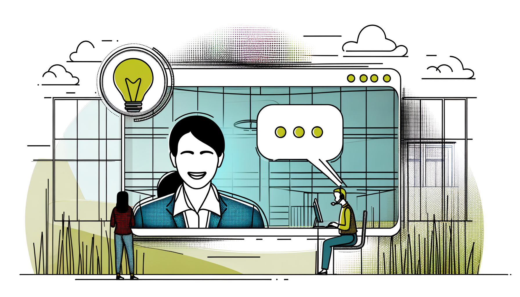 Imagem ilustrativa de uma videoconferência, com uma mulher sorridente em uma tela grande e um homem sentado em frente ao computador, ambos envolvidos em uma conversa. O cenário inclui elementos de escritório e uma lâmpada representando ideias.