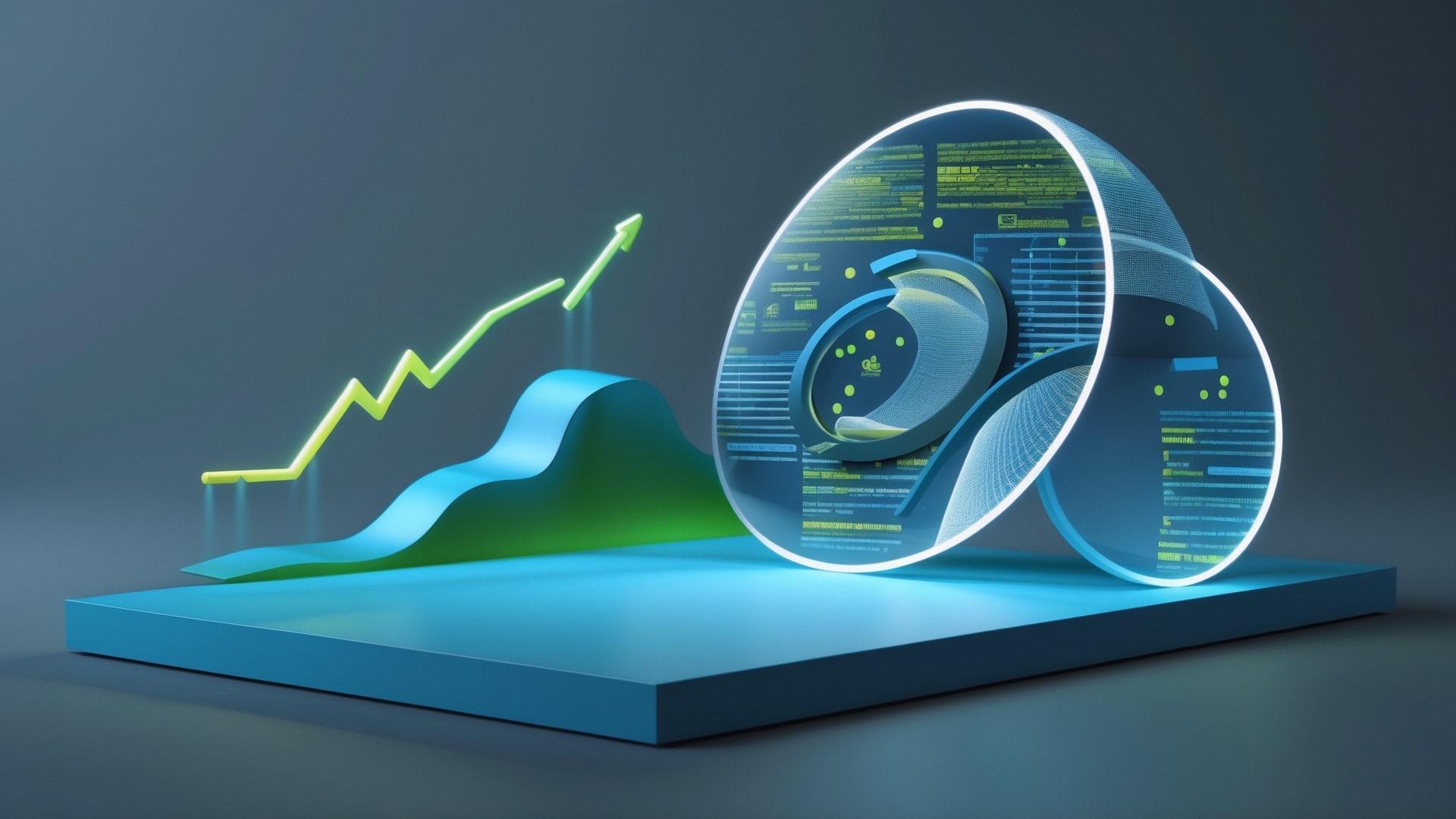 Gráfico em 3D representando crescimento de dados, com elementos visuais como uma linha ascendente e formas abstratas. Ideal para ilustrar análise de dados e tendências de mercado.