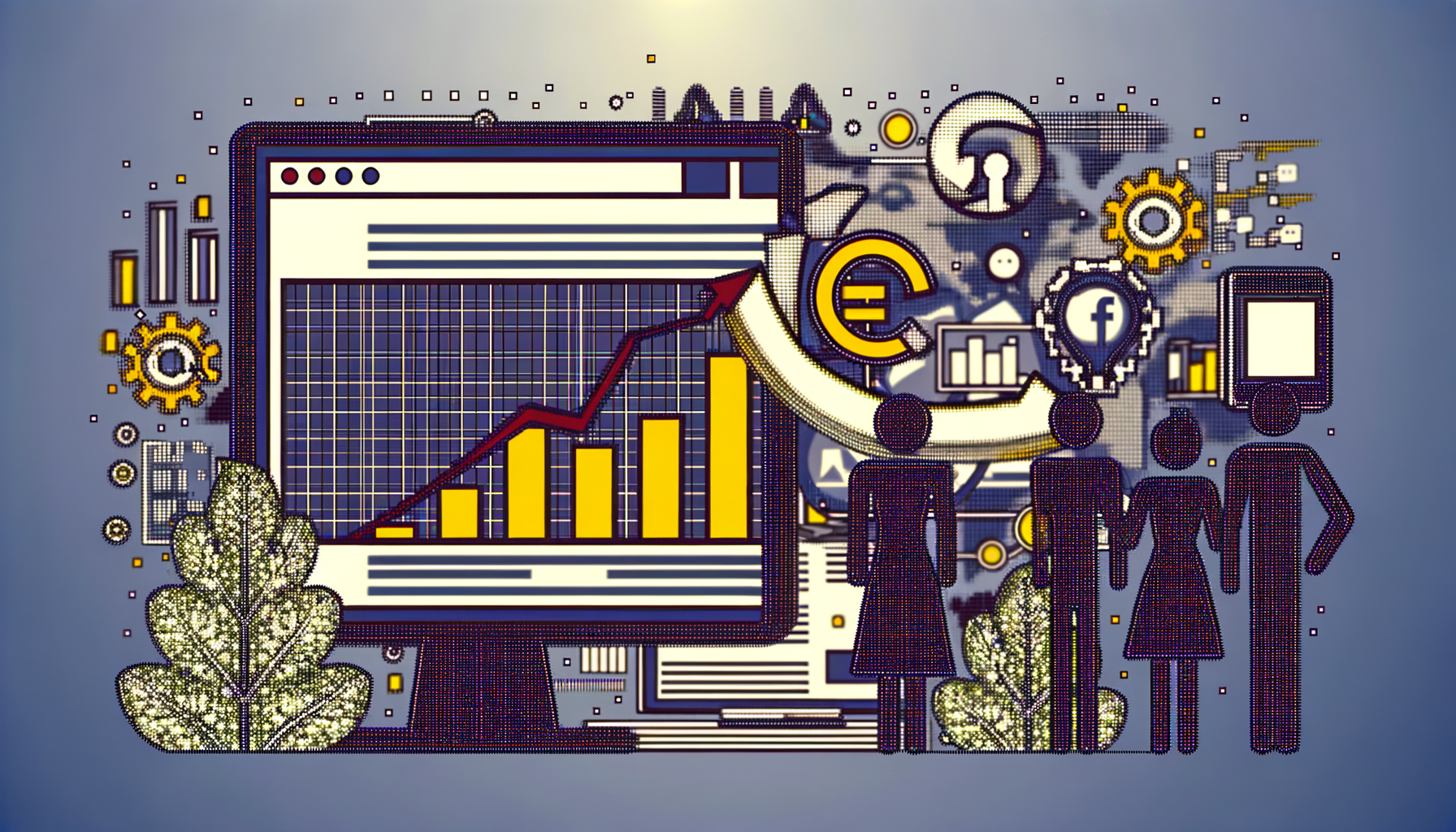 Ilustração digital de gráficos de crescimento e ícones de redes sociais, mostrando um computador com dados analíticos ao fundo e três figuras humanas em primeiro plano, representando a interação entre tecnologia e pessoas no contexto de marketing digital e analytics.