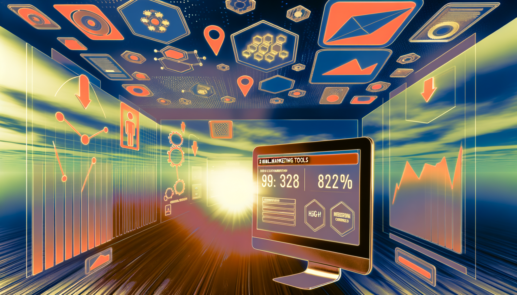 Ambiente digital futurista com uma tela de computador exibindo ferramentas de marketing e gráficos estatísticos, acompanhada de ícones interativos flutuantes representando dados e análises.