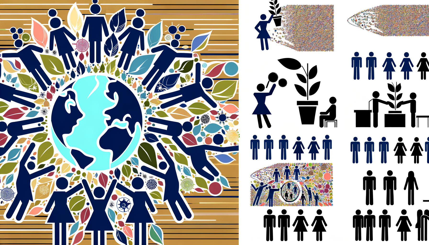 Ilustração colorida que representa a colaboração e a diversidade humana em torno do planeta, com figuras humanas estilizadas e elementos naturais, simbolizando união, crescimento e sustentabilidade.