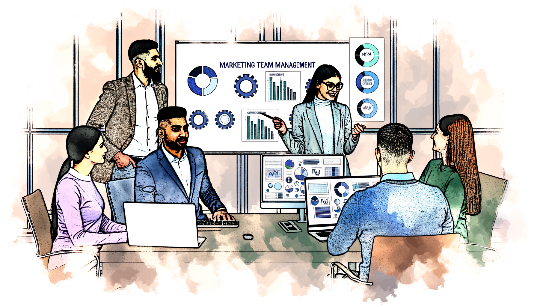 Reunião de gerenciamento de equipe de marketing com apresentação de gráficos e dados em monitores. Profissionais discutindo estratégias de marketing em sala de conferências.