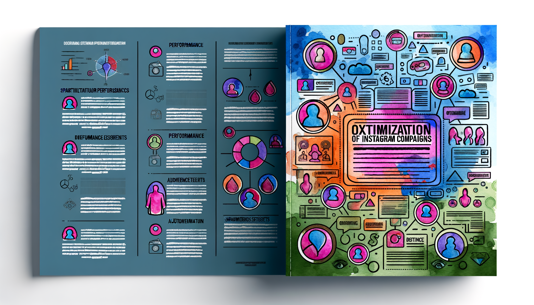 Imagem de uma capa de livro sobre otimização de campanhas no Instagram, com design colorido que inclui ícones relacionados a redes sociais, gráficos e textos informativos. O título "Otimização de Campanhas do Instagram" está em destaque no centro, rodeado por elementos gráficos que representam estratégias de marketing digital.
