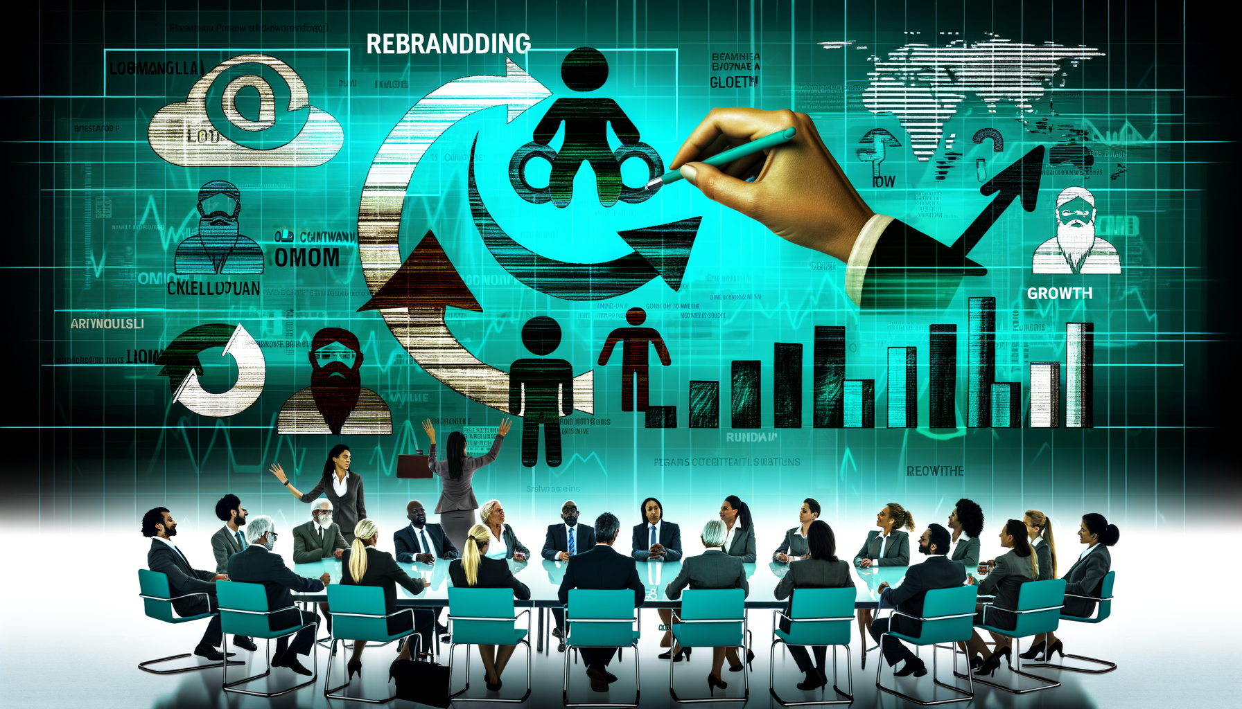 Reunião de negócios com gráficos e ícones representando rebranding e crescimento, destacando estratégias de desenvolvimento e colaboração em um ambiente corporativo moderno.