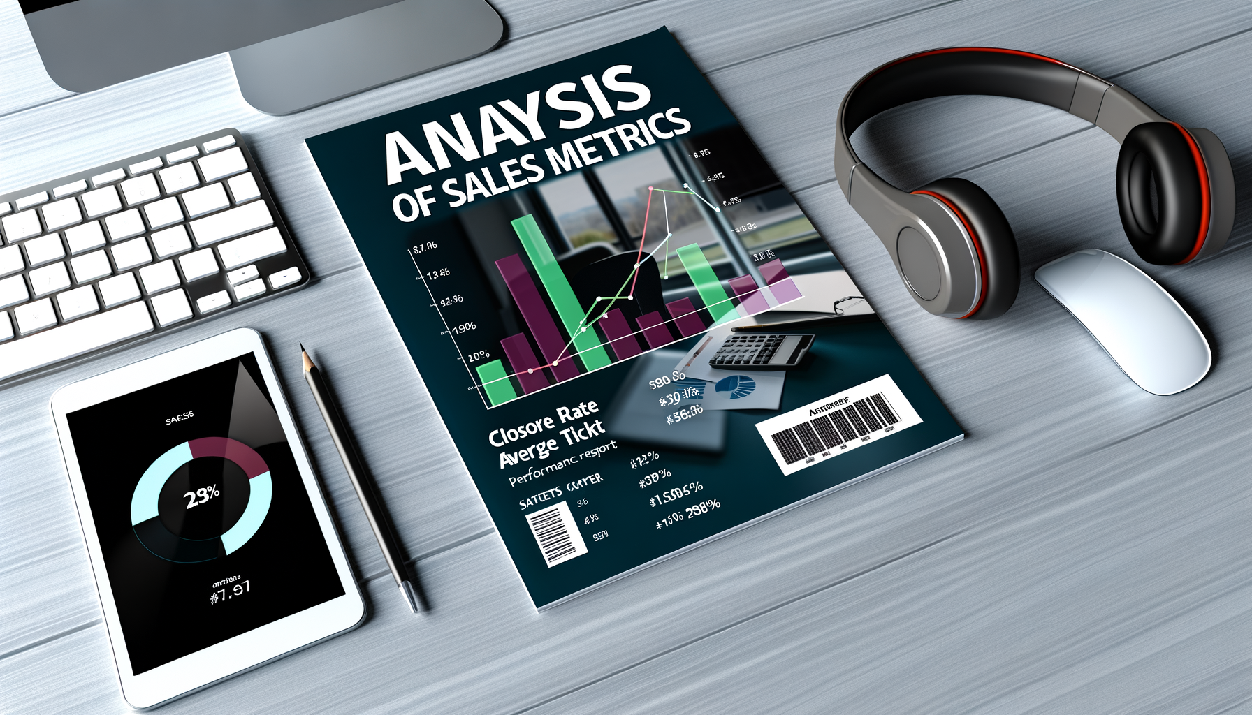 Imagem de uma mesa de trabalho com um teclado, um mouse, um tablet exibindo dados de métricas de vendas e um caderno intitulado "ANALYSIS OF SALES METRICS". O caderno contém gráficos coloridos e informações sobre taxas de fechamento e ticket médio, complementado por um par de fones de ouvido.