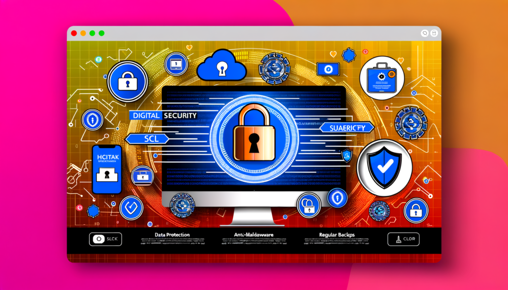 Imagem ilustrativa de segurança digital, apresentando ícones como cadeados, nuvens e escudos em um fundo tecnológico com circuitos. Texto em destaque sobre proteção de dados, anti-malware e backups regulares, representando boas práticas em segurança cibernética.