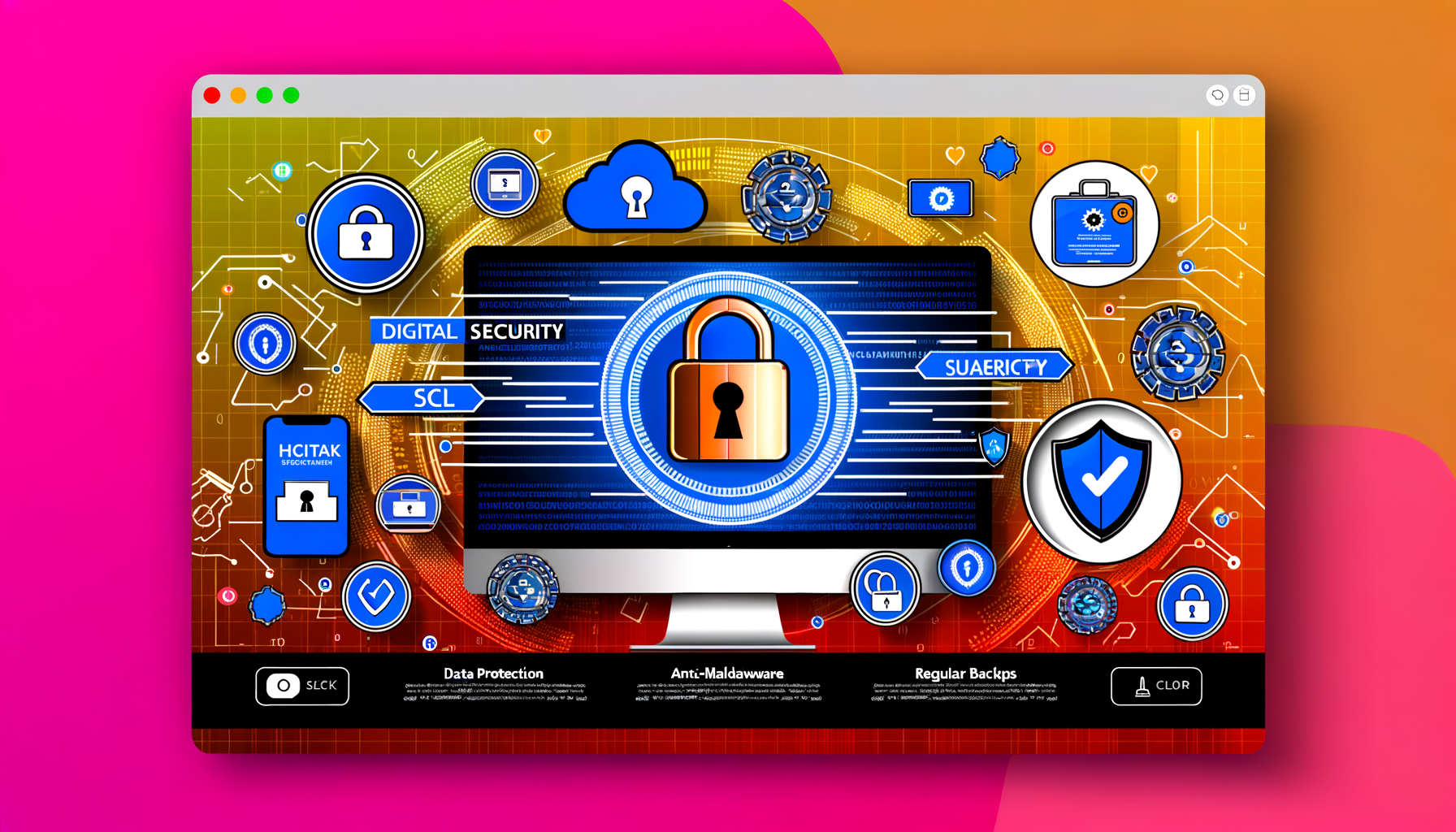 Imagem ilustrativa de segurança digital, apresentando ícones como cadeados, nuvens e escudos em um fundo tecnológico com circuitos. Texto em destaque sobre proteção de dados, anti-malware e backups regulares, representando boas práticas em segurança cibernética.