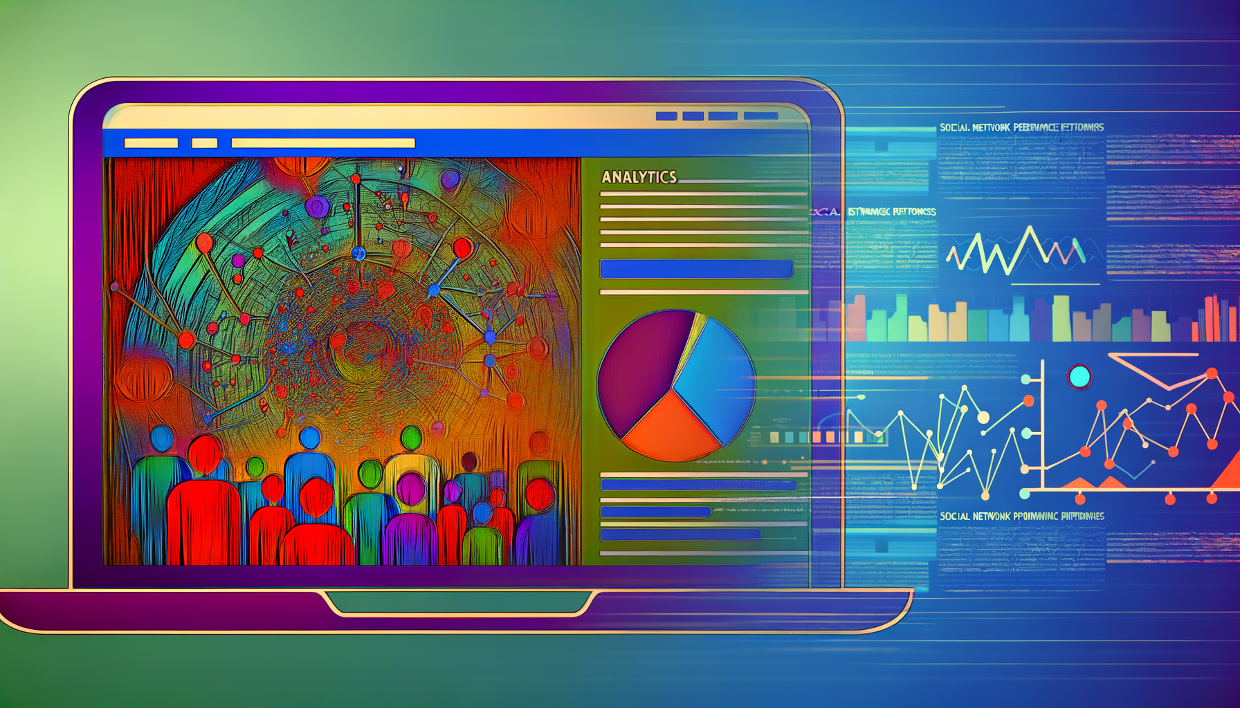Imagem de um laptop exibindo uma análise de dados, com gráficos coloridos e uma representação visual de uma rede social interconectada, destacando métricas de desempenho e estatísticas.