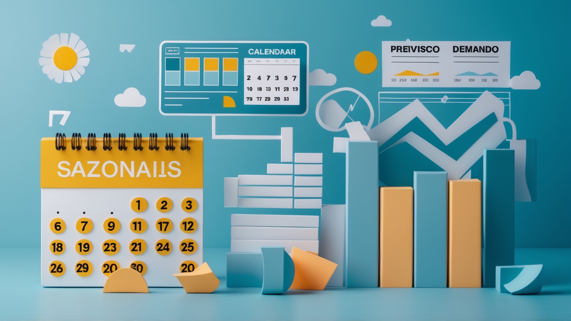 Imagem colorida representando planejamento estratégico, com um calendário destacado, gráficos de demanda e previsão, e elementos gráficos que simbolizam sazonalidade. Ideal para ilustrações sobre gestão de estoques e análise de mercado.