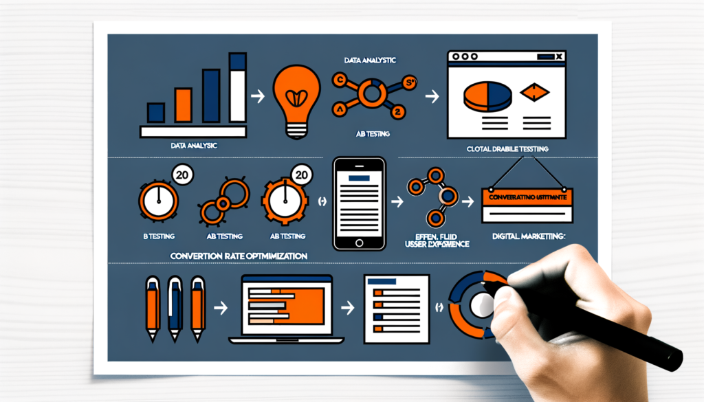 Imagem ilustrativa sobre análise de dados e otimização de taxa de conversão. Inclui gráficos, ícones de testes A/B e dispositivos móveis, destacando processos de marketing digital e experiência do usuário. A mão desenhando enfatiza o aspecto analítico e criativo do tema.
