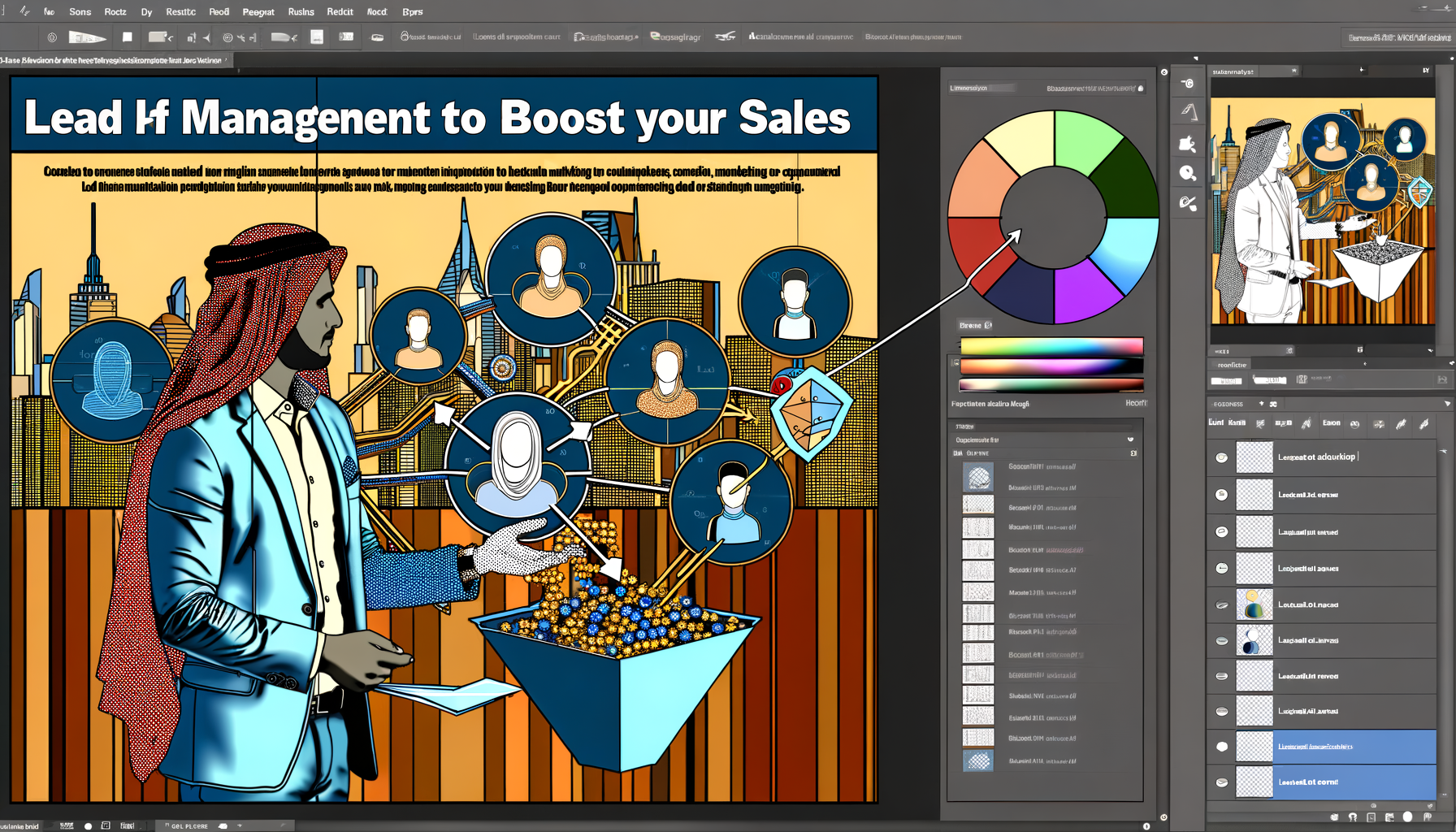Ilustração digital mostrando um homem de negócios com traje tradicional, interagindo com gráficos de vendas e ícones de perfis, simbolizando a gestão e a liderança em vendas. O fundo apresenta uma cidade estilizada, refletindo um ambiente empresarial moderno.