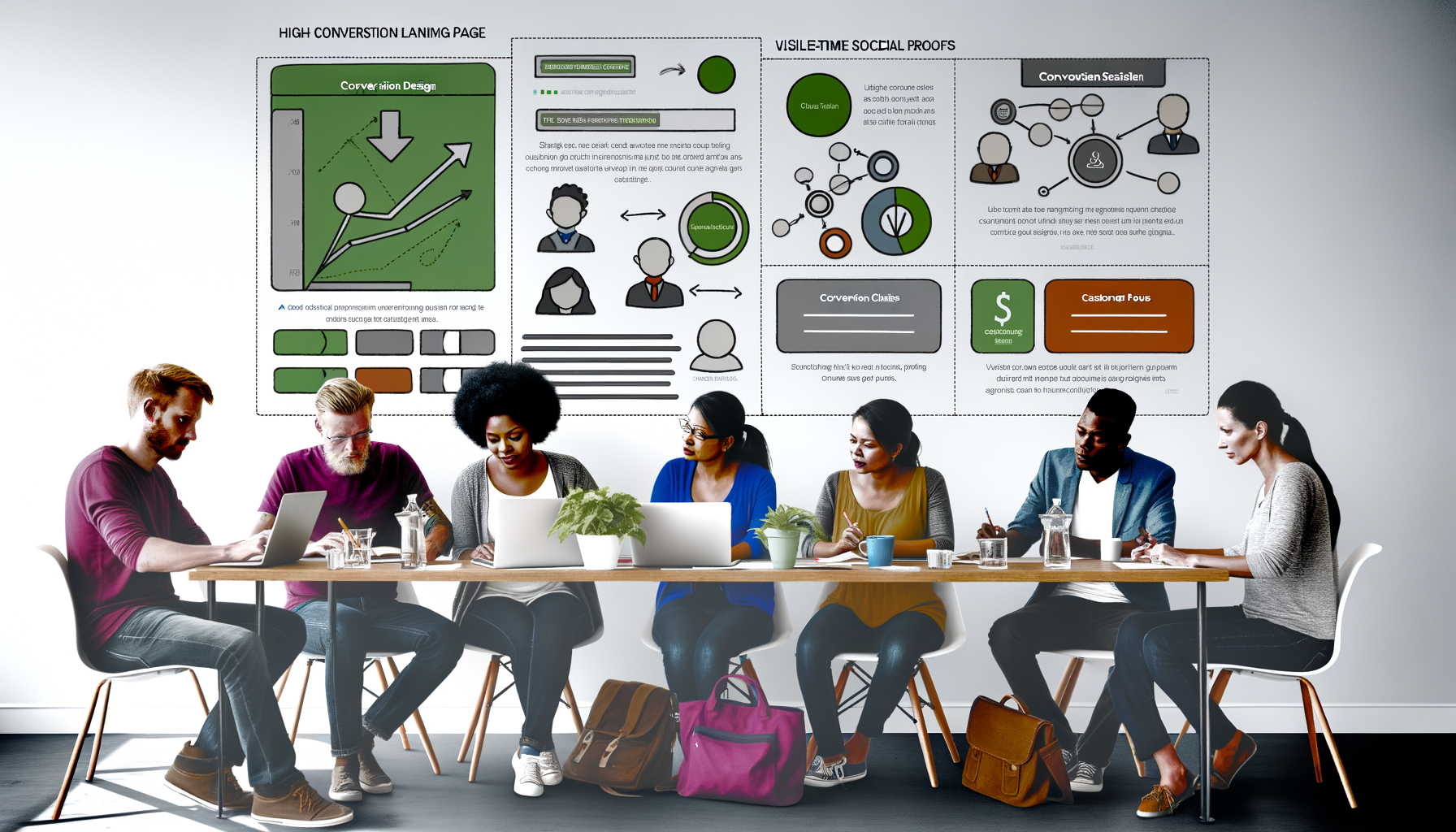 Grupo de pessoas colaborando em uma mesa, utilizando laptops e materiais de escritório, com gráficos e informações sobre design de páginas de alta conversão e provas sociais visíveis ao fundo.