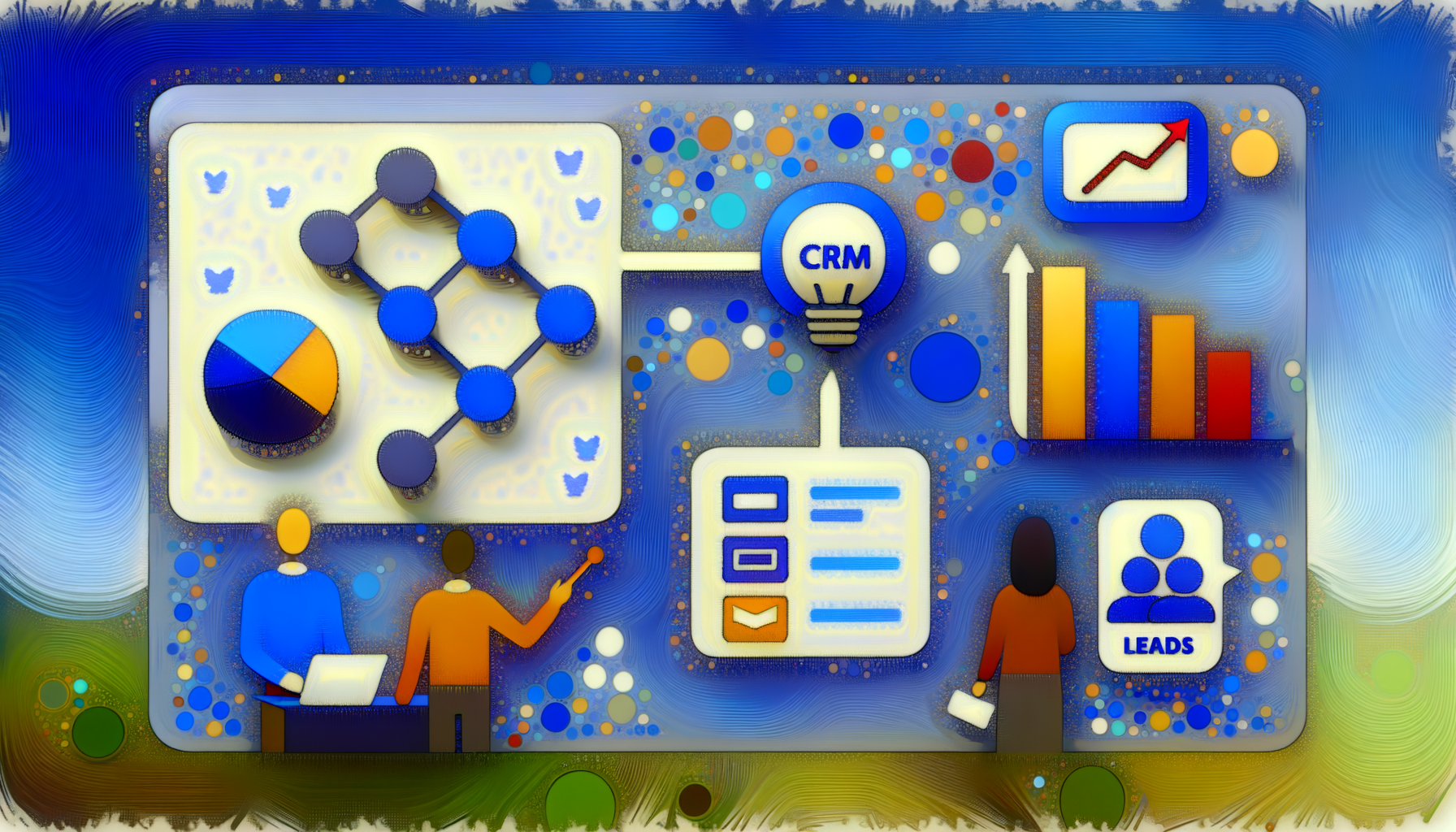 Imagem ilustrativa sobre CRM, destacando gráficos, leads e análise de dados. Mostra profissionais discutindo estratégias e visualizando informações em uma interface digital.