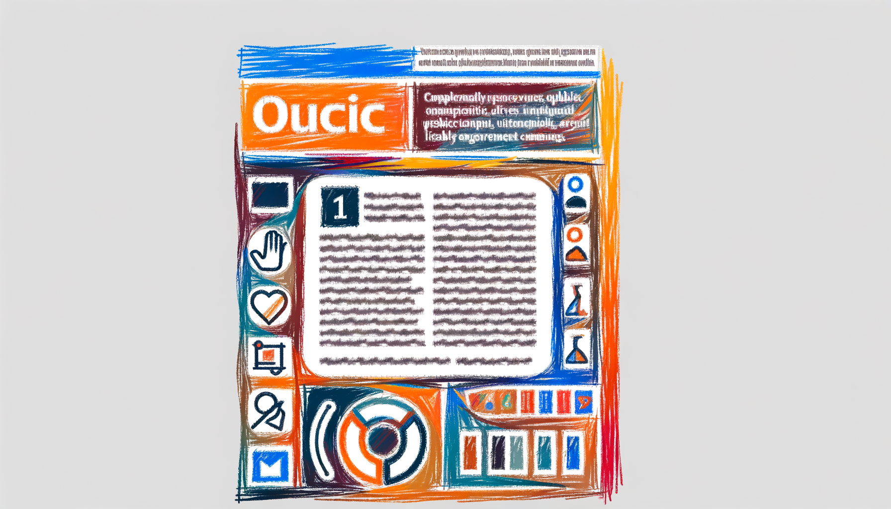Ilustração colorida de uma página de apresentação de um artigo, apresentando o título "Oucic" no topo, seguido de texto explicativo e ícones relacionados a tecnologia, comunicação e interação, com destaque para um quadro de texto centralizado.