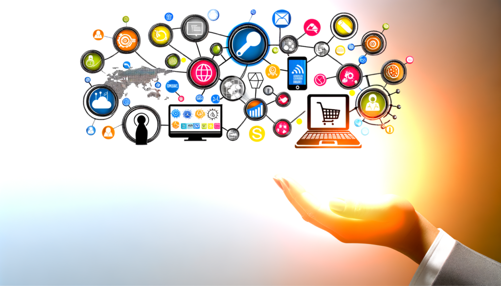 Ilustração de uma mão segurando ícones de tecnologia e comércio eletrônico, simbolizando a conexão digital e a interatividade na era da informação, com elementos como nuvem, compras online e gráficos.