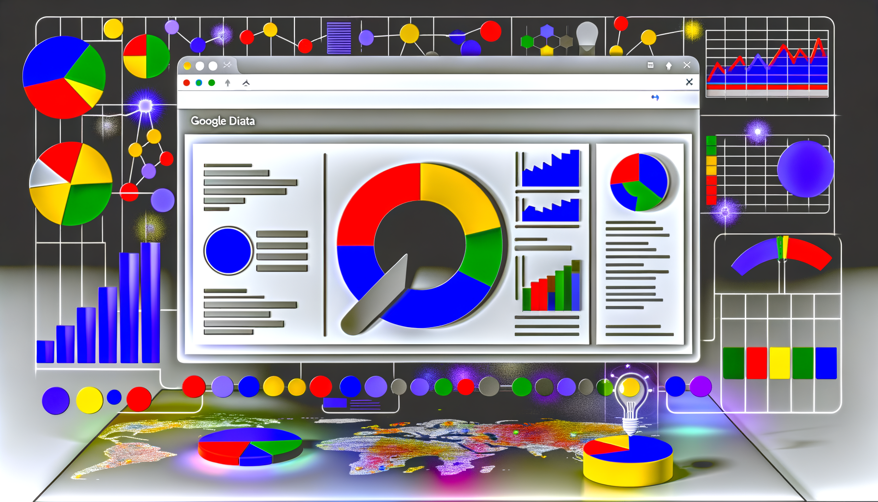 Imagem ilustrativa de dados analíticos com gráficos coloridos, como gráficos de pizza, barras e linhas, exibidos em uma janela com a etiqueta "Google Data". Ao fundo, um mapa do mundo com elementos gráficos adicionais sobrepostos, representando análise de dados globais.