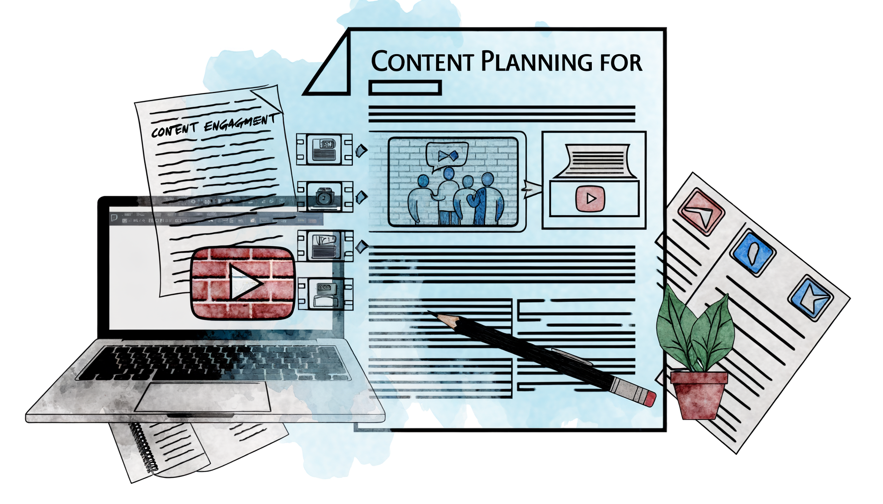 Imagem ilustrativa sobre planejamento de conteúdo, mostrando um laptop com um ícone do YouTube, anotações e documentos relacionados ao engajamento de conteúdo, destacando a importância da estratégia na criação de vídeos e material digital.