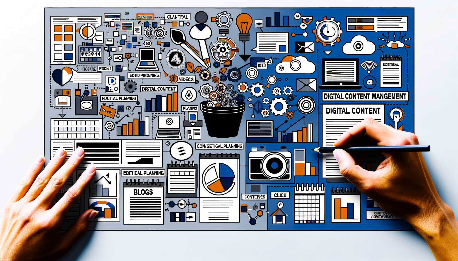 Imagem ilustrativa de planejamento de conteúdo digital, apresentando gráficos, ícones de mídia, ferramentas de gerenciamento e anotações sobre estratégias de marketing. Uma mão segurando um lápis está evidenciando elementos do design.