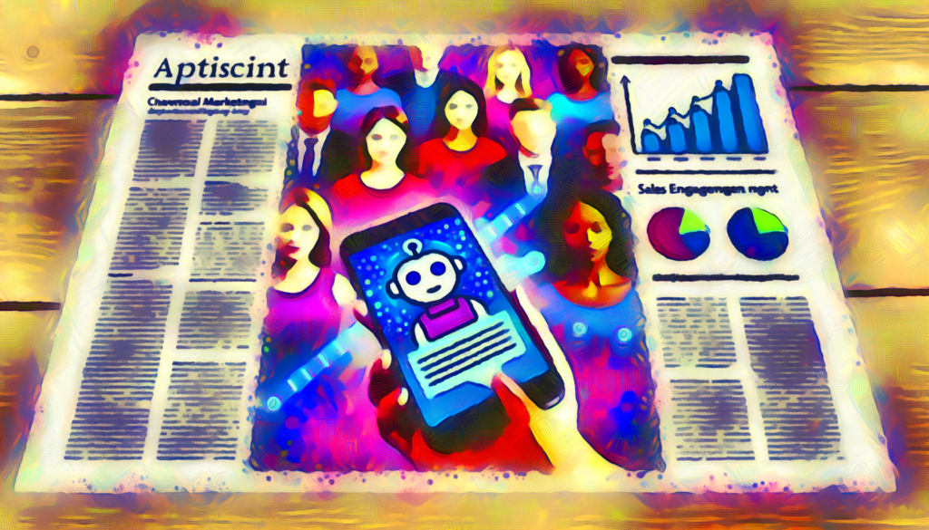 Imagem de um jornal digital com o título "Aptiscint". Em destaque, uma mão segurando um celular com um ícone de robô, simbolizando a interação com inteligência artificial, enquanto ao fundo aparecem gráficos de engajamento e rostos de pessoas. A imagem ilustra temas de marketing digital e análise de dados.