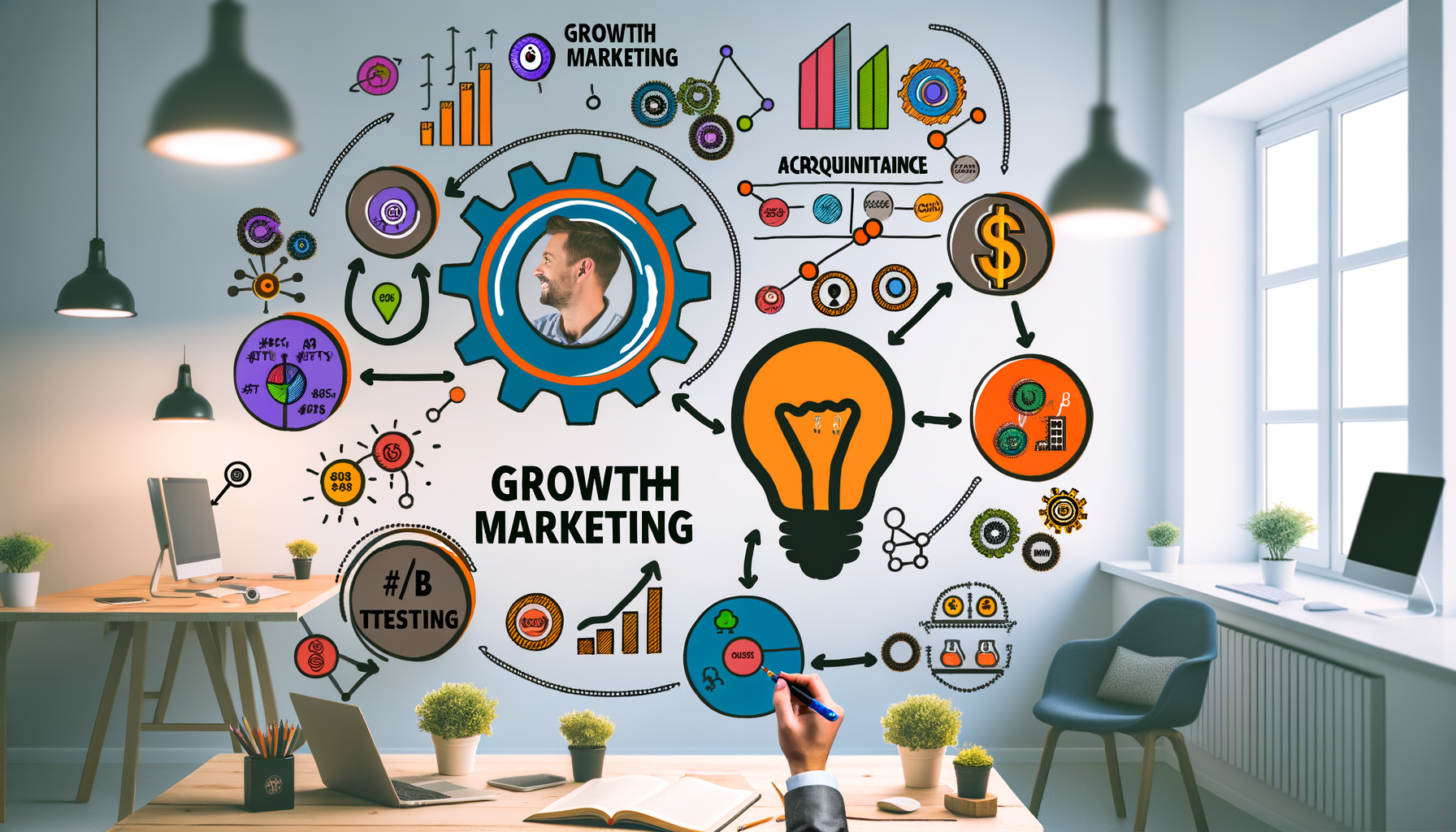 Ambiente de trabalho moderno com foco em marketing de crescimento, apresentando gráficos, infográficos e imagens relacionadas a testes A/B e estratégias de marketing, ao lado de uma pessoa pensativa.