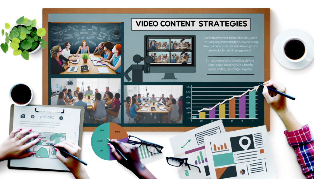 Imagem de uma mesa de trabalho com elementos de estratégia de conteúdo em vídeo. Inclui gráficos, anotações e pessoas em reuniões colaborativas, enfatizando a importância de estratégias visuais para engajamento e aprendizado.