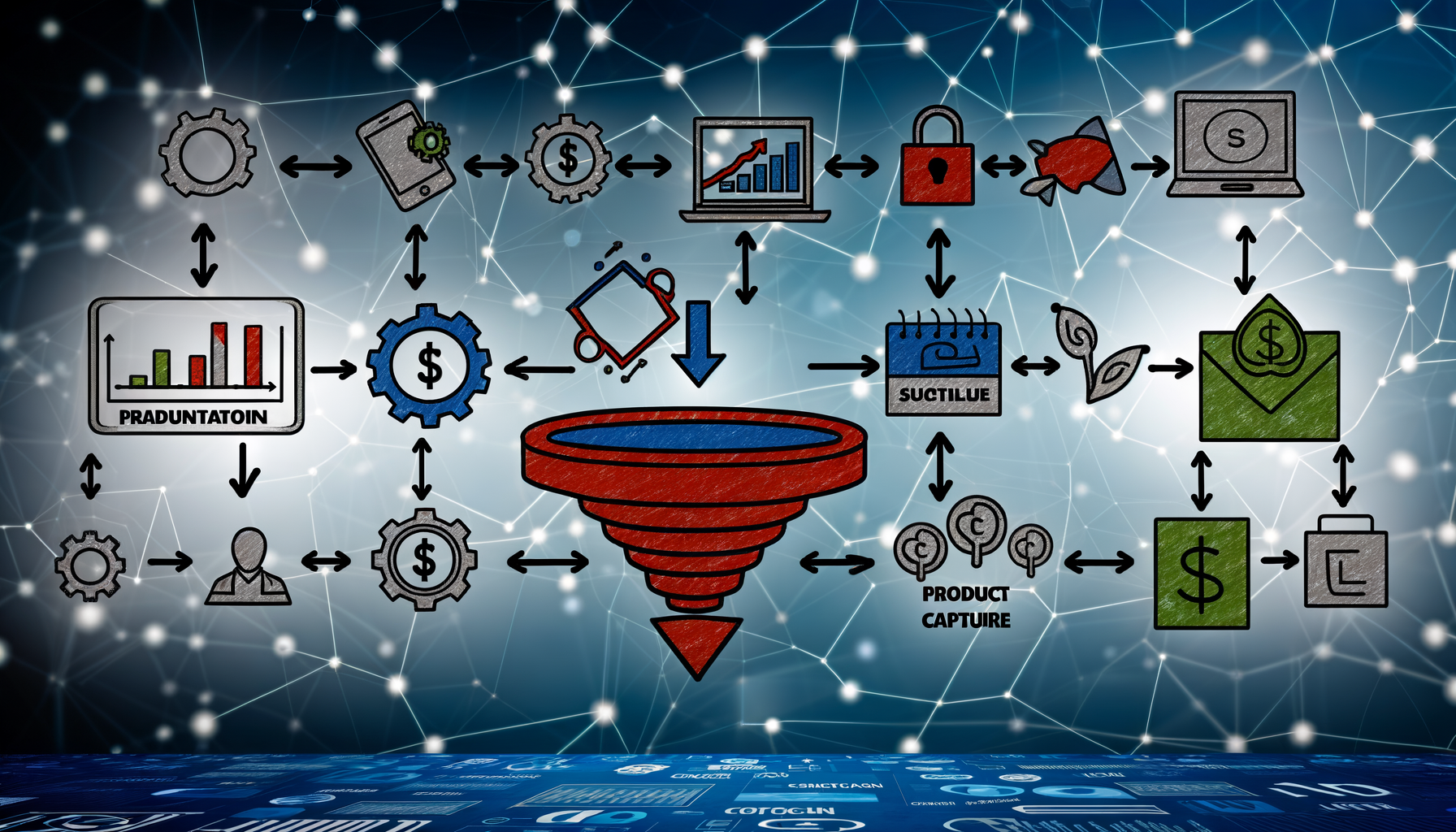 Fluxo de trabalho para marketing digital ilustrado com gráficos, ícones e setas, mostrando etapas de captura de leads, análises de dados e conversão de vendas. O funil central destaca o processo de conversão, com elementos de segurança e planejamento.