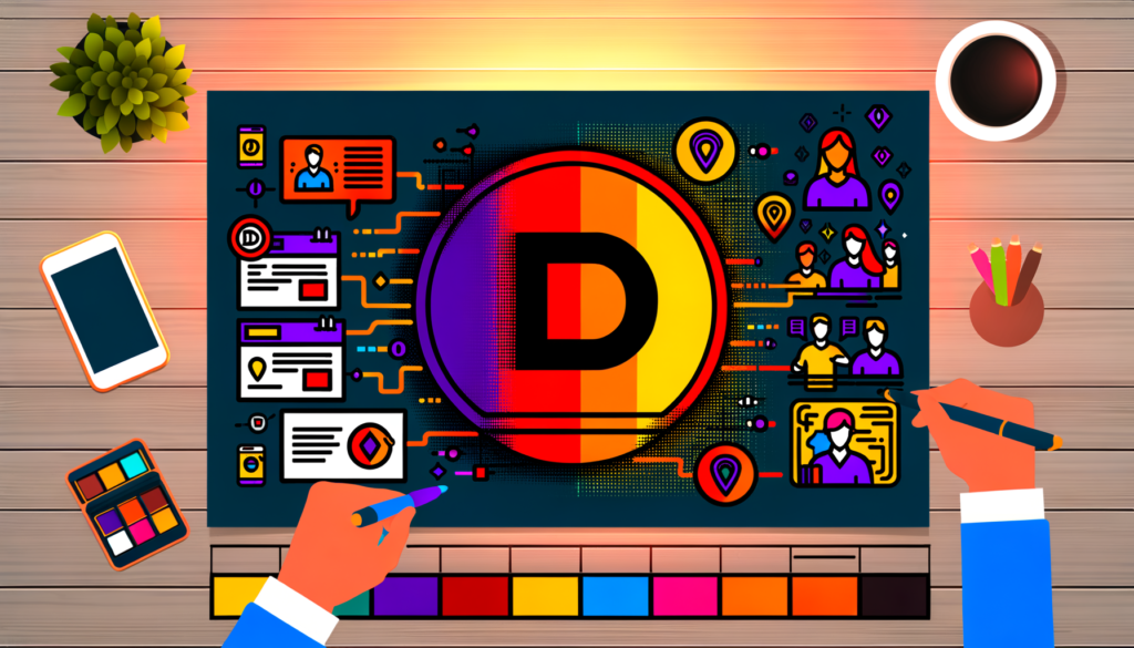 Imagem ilustrativa de um projeto criativo, com elementos gráficos coloridos e um logotipo em destaque na cor laranja e amarelo. A cena inclui materiais de design, como canetas, um celular e uma paleta de cores, sugerindo um ambiente de trabalho dedicado ao design digital.