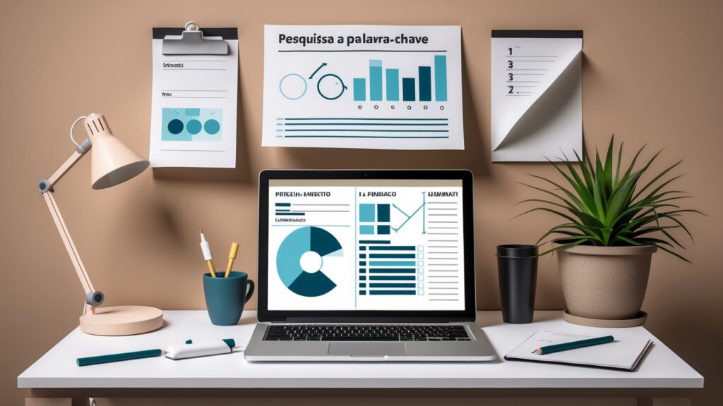 Mesa de trabalho moderna com um laptop exibindo gráficos e tabelas, luz de mesa, canetas, uma planta em um vaso e papéis pendurados na parede. Ideal para estudo ou pesquisa sobre palavras-chave e análise de dados.