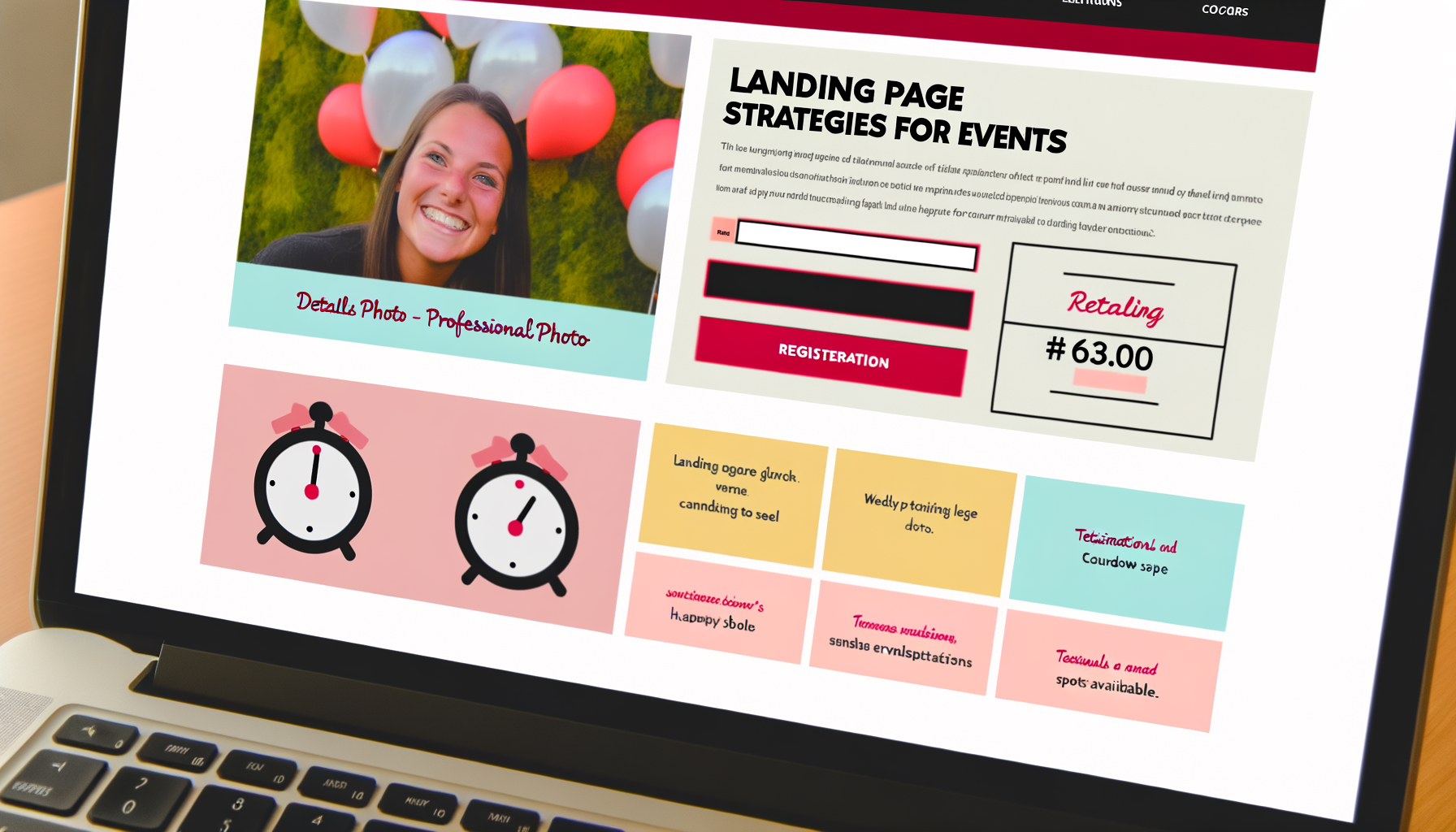 Imagem de um laptop exibindo uma página de captura com estratégias para eventos, incluindo detalhes sobre registro e preços. A página apresenta uma foto profissional de uma mulher sorridente, balões decorativos e ícones de contagem regressiva, destacando a oferta de serviços e informações de contato.